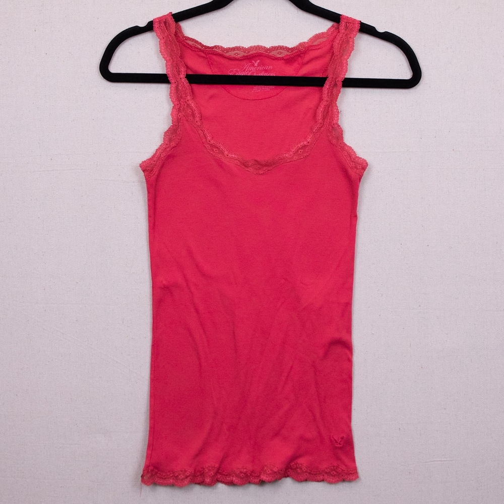 Y2K Vintage American Eagle ribbed pink lace tank top-S